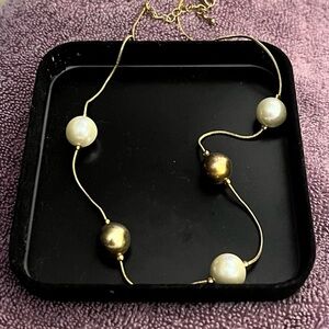 Gold Tone Necklace with Pearl and Metallic Beads - Elegant Women's Jewelry